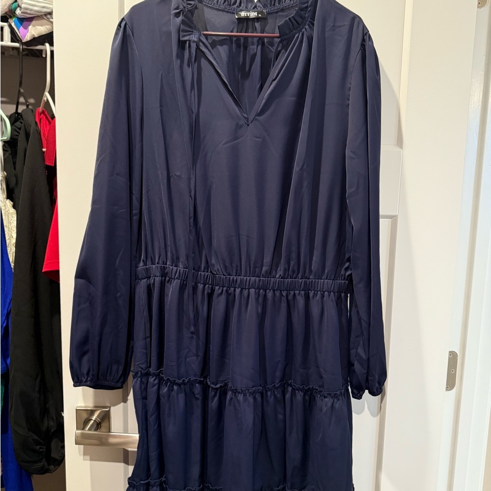 Ruffle neck A-line Navy Blue Dress